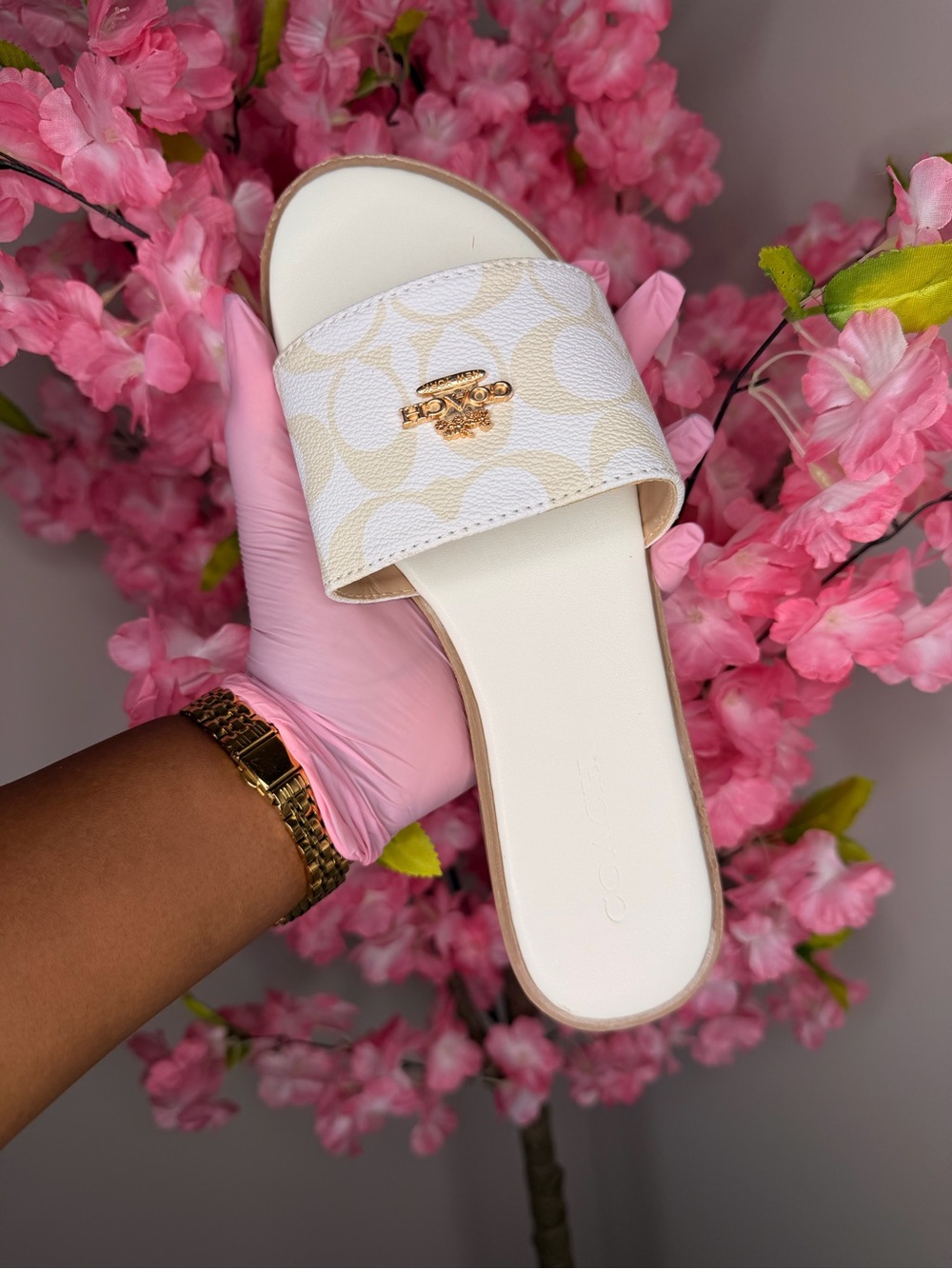 Coach White Signature Slip-On Sandal with Gold Accent
